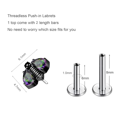 G23 Titanium Flat Back Earrings Studs 20g 18g 16g F136 Titanium Labrets Press Fit Threadless Push In Dainty Cartilage Helix Conch Lobe Lip Tragus Piercing Jewelry Push Back - style: black-bee