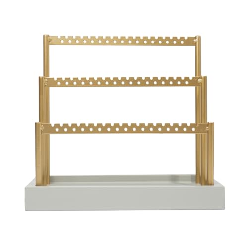 SANY DAYO HOME 3-Tier Earring Holder Organizer Stand, 105 Holes Gold Metal Earring Rack Jewelry Display Tree with Gray Wood Tray for Women and Girls - color: Gold Rack Gray Base