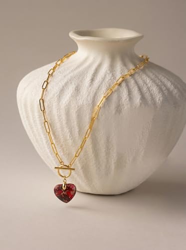 Puff Heart Healing Stone Necklace for Women, 14K Gold Plated Choker Paperclip Stainless Steel Chain, Colorful Natural Stone Boho Necklace Jewelry Gift for Women - color: Red Stone-Gold