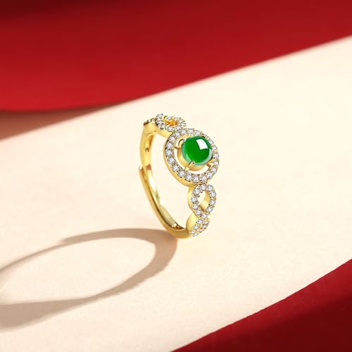 MRW Rings For Women Handmade Natura Green 925 Sterling Silver Gold Plated Zircon Ring Jewelry For Women - color: NATURAL JADE(Circular Design)