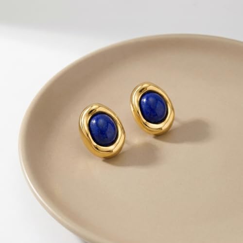 Jean Beau Chunky Gold Stone Stud Earrings for Women, Trendy Natural Gemstone Hypoallergenic Earing Valentine Jewelry Gift - color: Sapphire Blue