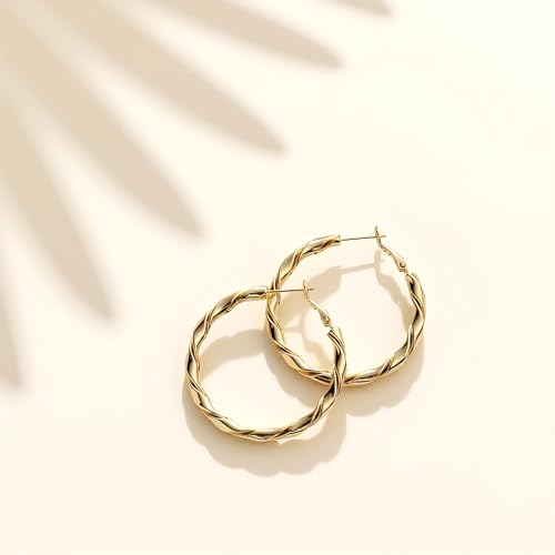 14k Gold Plated Hoop Earrings for Women, 925 Sterling Silver Posts Thick Twist Hypoallergenic Chunky Large Earrings 20mm 30mm 40mm 50mm - color: Yellow Gold, size: 40mm