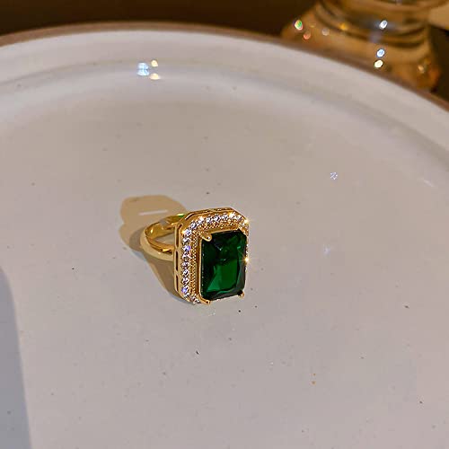 Green Gemstone Statement Ring Women's Classical Engagement Crystal Wedding Party Open Rings Cubic Zirconia Adjustable Finger Gold-Tone Plated for Women Mom Valentine's Day Anniversary Jewelry Gift