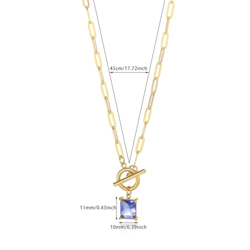 Diamond Necklaces for Women Natural Stone Paperclip Toggle Necklace 14K Gold Plated Emerald Birthstone Necklace for Women Paper Clip Chain Blue Green Cubic Zirconia Pendant Birthday Gifts for Women Mother Jewelry - color: 09. September(Sapphire)
