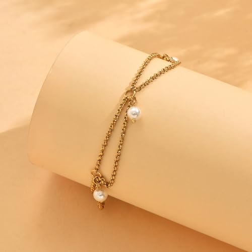 18K Gold Plated Waterproof Summer Beach Ankle Bracelets for Women | Starfish Sea Shell Pearls CZ Diamond Dangle Anklets - style: 4 Pearls Drop-Gold