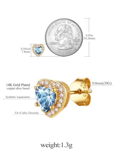 FindChic Birthstone Earrings for Women, Round/Heart/Square/Teardrop Earrings with 925 Sterling Silver Posts & Push Backs, Hypoallergenic Studs with Cubic Zirconia, 12 Months Jewelry with Gift Box - style: 03. March-Aquamarine (Heart-Gold)