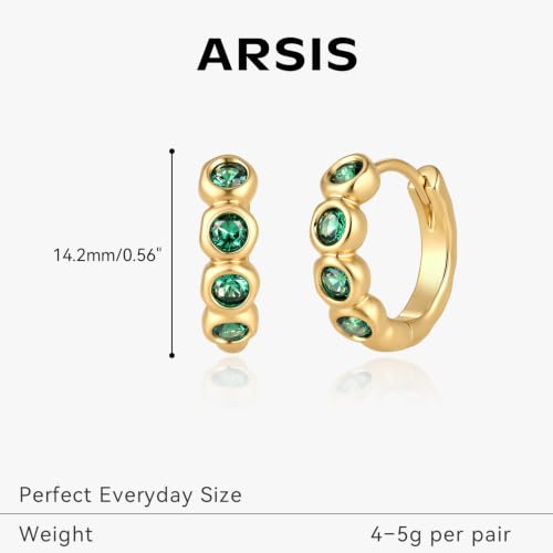 ARSIS Bubble Huggie Hoop Earrings for Women with Cubic Zirconia, Platinum/18K Gold Plated Bezel Hoop Earrings with Opal, Hypoallergenic Lightweight Jewelry, Clear/Ruby/Emerald Green/Aqua/Sapphire/Pink - color: Emerald Green