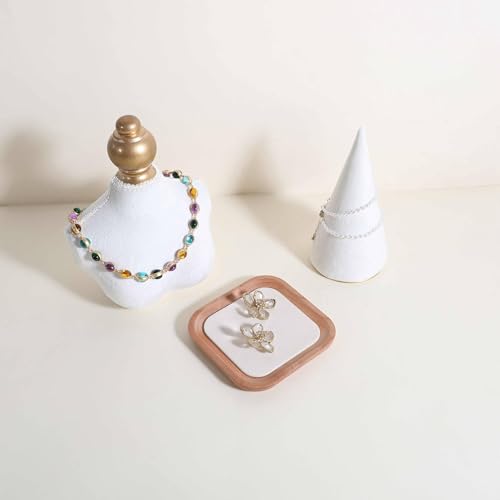 velvet Jewelry organizer tray, Beech wood Jewelry Display Plate, Beige Jewelry Viewing Tray, Jewelry showcase tray for Necklace Bracelet Ring Earring stand holder (Cream-Small, 5.1x 5.1 in) - size: Small