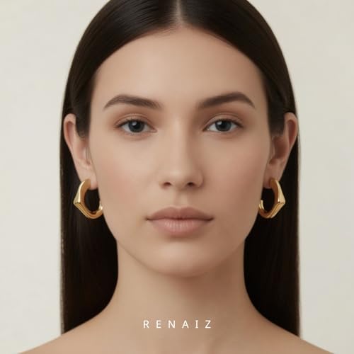 RENAIZ Bold Statement Hoop & Stud Earrings for Women – 14K Gold & Rhodium Plated Maximalist Jewelry, Chunky Geometric Boho Earrings, Hypoallergenic Non-Tarnish Trendy Gift - color: Yellow Gold, style: Abstract