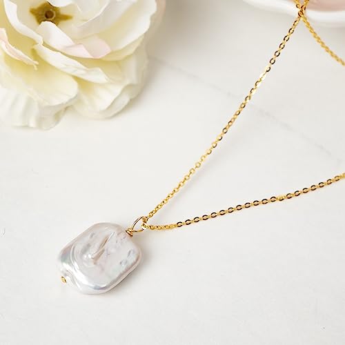 925 Sterling Silver Dainty Freshwater Cultured Pearl Choker Necklace White Genuine Real Pearl Charm Necklaces Jewelry Gifts for Her - color: Baroque-Square-Gold