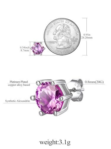 FindChic 2 Carat Birthstone Stud Earrings for Women, Round/Heart/Princess Cut Stud Earrings, Hypoallergenic Studs with 925 Sterling Silver Posts, 12 Months Birthday Jewelry Gift - color: 06. June-Alexandrite(Round Cut )