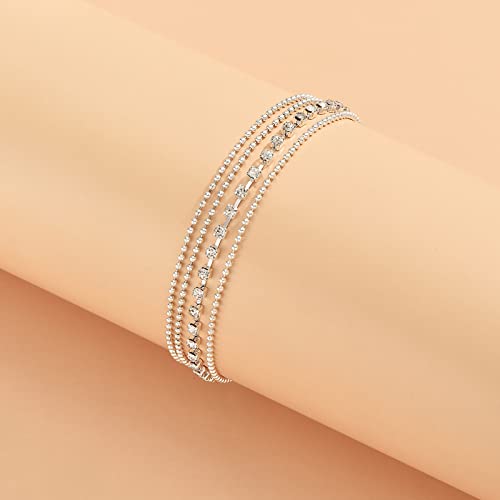 Fesciory Heart Rhinestone Ankle Bracelets for Women, Adjustable Silver Plated Shiny Tennis Anklets, Twinkle Cubic Zircon Imitation Diamond Anklet Foot Chain Jewelry Gifts - color: 3 Layer Rhinestone