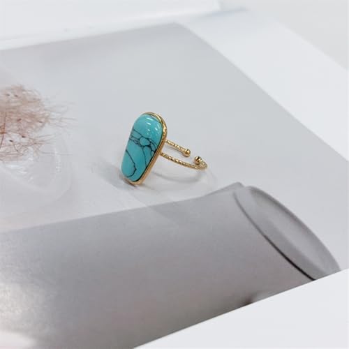OIDIMS Gemstone Statement Ring for Women Gold-Tone Stainless Steel Natural Stone Rose Quartz Aventurine Turquoise Adjustable Open Band Stacking Finger Rings Boho Cocktail Wedding Party Jewelry - color: Turquoise