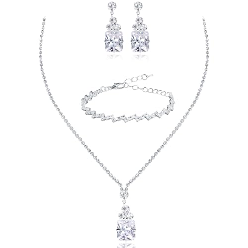 CAVETEE Jewelry Set - Prom Jewelry Crystal Bridal Necklace, Bracelet & Pendant Earring Jewelry Set for Women - style: Square crystal