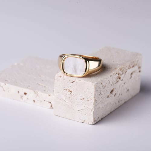18K Gold Plated Women's Starburst Signet Ring - Minimalist Mother of Pearl Statement Piece - color: Mother of Pearl Square Ring