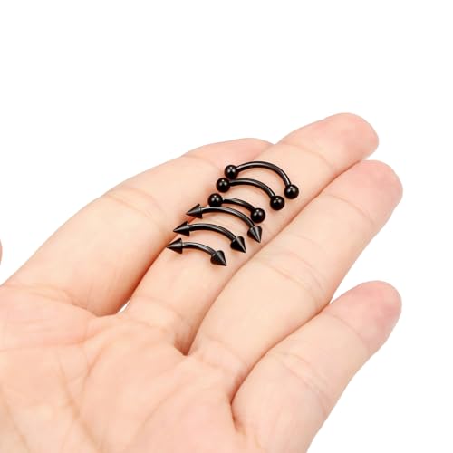 Eyebrow Piercing Jewelry Internally Threaded Surgical Steel Vertical Labret Lip Jewelry Curved Barbell Tiny Eyebrow Ring Ear Rook Navel Small Belly Button Ring for Women Men 16g - color: 16g,black