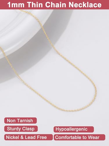 FOCALOOK Womens Chain Necklace, 1/1.4/2mm Thin Cable Link Necklace Chain | Hypoallergenic 316L Stainless Steel, Non Tarnish, Sturdy Chain for Pendants, 14K Gold Plated/Silver/Rose Gold/Black, 14-30" - color: 1mm 14K Gold Plated, size: 30 Inch