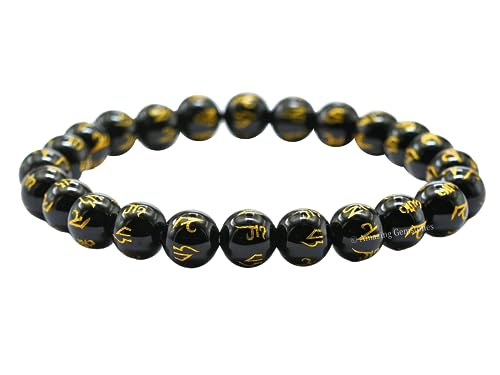 Amazing Gemstone Om Mani Padme Hum Black Agate Crystal Bracelet for Women Men's Gifts - Protection Healing Crystal Bracelet - 8mm Gemstone Beaded Stretchable Bracelet Pulseras Para Hombres Mujer Stocking Stuffers Mothers Day Gift - color: Black Agate (Om