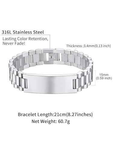 ChainsHouse Men Stainless Steel Bracelet Adjustable Custom ID Engraved Gift | Personalized Silver/Gold/Black for Birthday Father Husband Boyfriend with Gift Box Adjustable Tool 10mm/15mm/15.5mm 8.3"/8.7" - color: D.15mm Width-Silver-Text Custom