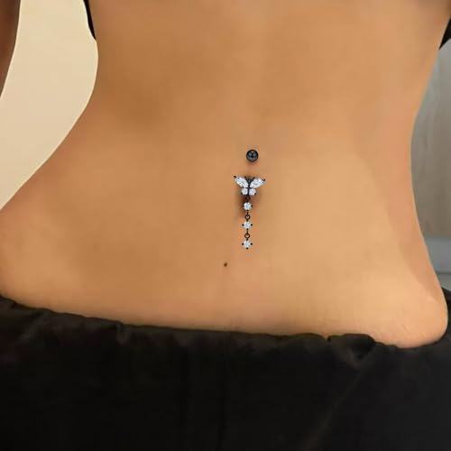Vsnnsns 14G Belly Button Ring Piercing Jewelry 316L Stainless Surgical Steel Heart CZ Pearl Butterfly Flower Navel Rings Dangle Belly Button Ring Navel Piercing Jewelry for Women Men Hypoallergenic - color: Black-Clear CZ