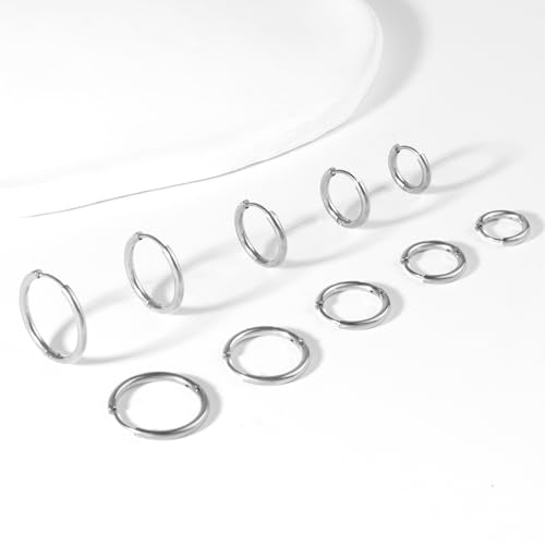 ONESING 10 Pairs Mens Hoop Earrings Stainless Steel Silver/Black Mens Earrings Hoop Hypoallergenic Huggie Hoop Earrings for Men Women Multiple Piercings 8mm/10mm/12mm/14mm/16mm - color: Silver