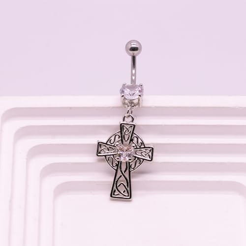 VERAMI 14G 316L Celtic Cross Belly Button Ring Surgical Steel Paved Gems Dangling Belly Button Ring Body Piercing Jewelry - color: Silver:C-4