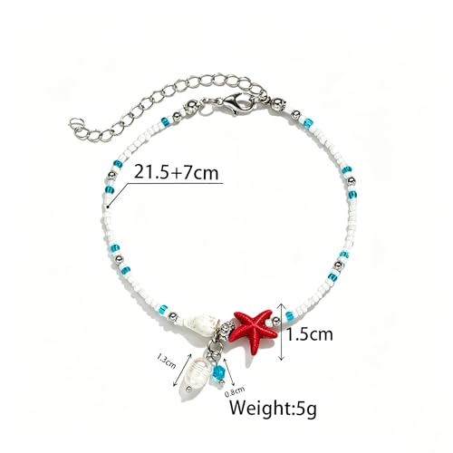 Beaded Ankle Bracelets for Women Boho Starfish Shell Pearl Beaded Ankle Bracelets Stacked Strench Silver Ankle Bracelet Non Tarnish Adjustable Hawaiian Summer Beach Surfer Foot Jewelry - color: Red