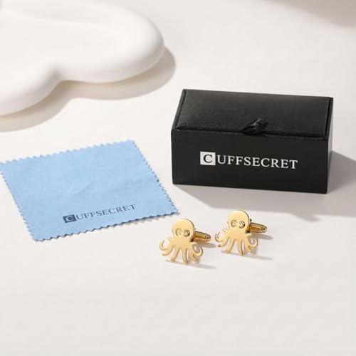 Men’s Octopus Cufflinks – Stainless Steel Ocean-Themed Cuff Links with Gift Box & Polishing Cloth – Available in Silver & Gold - color: golden