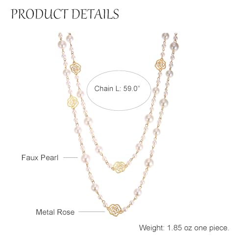 Simulated Pearl Strand Layered Necklace for Women, Multi Strand Long Necklace, Dainty Sweater Necklace for Party Costume Jewelry - style: Rose