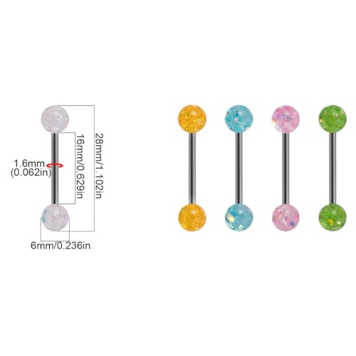 5Pcs Sequins Tongue Rings 14G Stainless Steel Barbell with Glitter Multi-Color Balls Straight Barbell Tongue Piercing Body Jewelry for Women