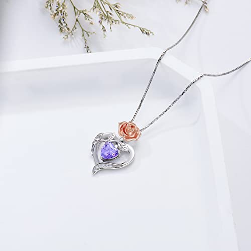 TOUPOP Birth Flower Necklace 925 Sterling Silver Heart Birthstone Pendant Necklaces Birth Month Floral Jewelry Birthday Valentines Day Mothers Day Gifts for Women Wife Mom - style: 6-June-Rose