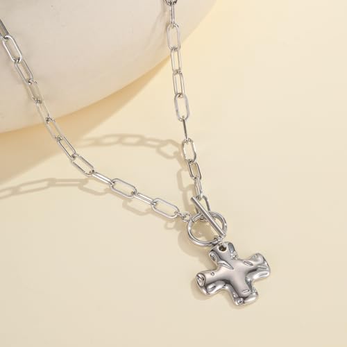 Joxevyia Gold Cross Necklace for Women Hammered Cross Pendant Toggle Clasp Paperclip Chain Statement Choker Bold Faith Jewelry Gift - color: silver cross necklace, size: 20 inches
