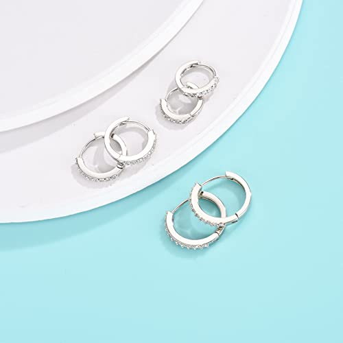 Silver Hoop Earrings for Women, 3 Pairs Small Sterling Silver Huggie Earrings | Tiny Cubic Zirconia Cartilage Cuff Earrings Hoop Piercing Jewellery for Men Teens (8mm/10mm/12mm) - color: 3 Pairs(8/10/12mm)-Silver