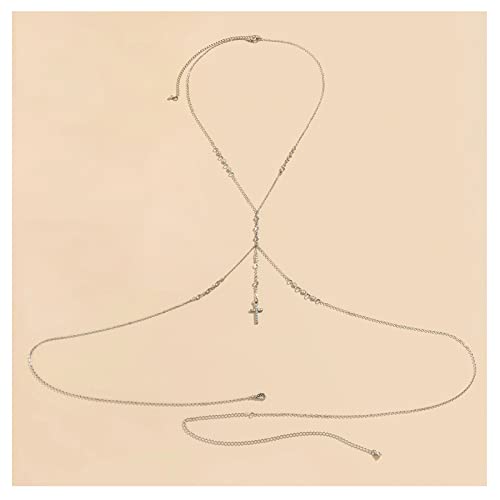 Summer Beach Crystal Cross Pendant Bra Body Chest Chain Rhinestone Long Tassel Waist Body Chain Necklace Sexy Crystal Belly Chain Jewelry for Women - color: Silver