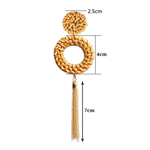 COLORFUL BLING Handmade Braided Rattan Straw Wicker Y-Shaped Long Chain Tassel Necklace Wooden Beads Statement Lanyards Pendant Necklace Women Jewelry (double1)