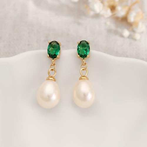 Pearl Drop Earrings Cubic Zirconia Stone Pearl Stud Earrings for Prom, Bridesmaids, Birthday Women Jewelry - color: Green CZ Stone