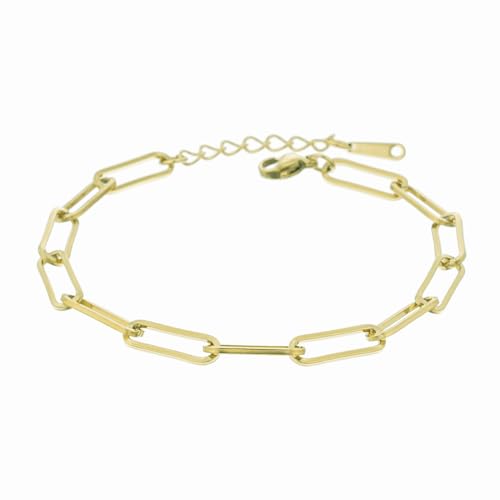 kelistom 14K Gold Filled Stainless Steel Paperclip Chain Bracelet for Women, 7.5” Rectangle Link Bracelets, Waterproof and Never Tarnish - color: 14K gold-5mm+extender