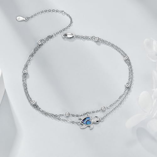 925 Sterling Silver Cat Butterfly Anklets Double Layered Chain for Birthday Women Ankle Bracelet Summer Beach Dainty Jewelry - style: D-Sea Turtle Anklet