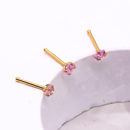 3 Pcs 14K Gold Filled Nose Studs 20G Stainless Steel Stud Nose Ring 2mm/2.5mm/3mm Round CZ L Bend Nose Stud Hypoallergenic Nose Piercing - color: pink I