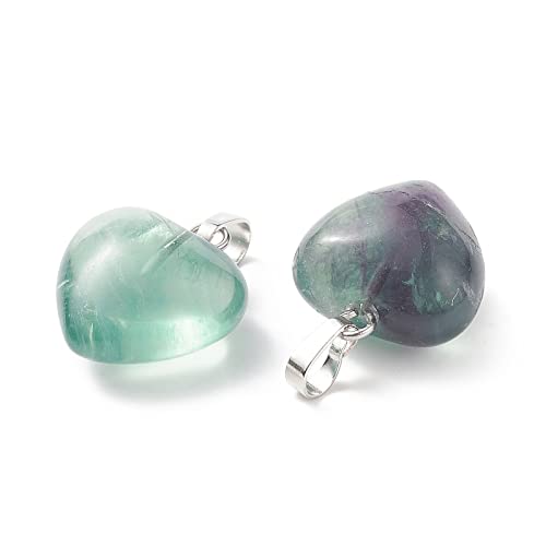 10Pcs Heart Stone Charm Pendants Natural Fluorite Gemstone Pendants with Platinum Brass Loops for DIY Necklace Keychains Earring Crafts Supplies - color: Fluorite