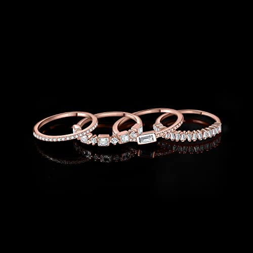 JewelryPalace Princess Emerald Cut CZ Stackable Wedding Ring Eternity Bands for Women, Cubic Zirconia 925 Sterling Silver 14k Yellow Rose Gold Plated Promise Ring for Her, 4pc Anniversary Ring Sets - color: F-4Pcs-Rose Gold Plated