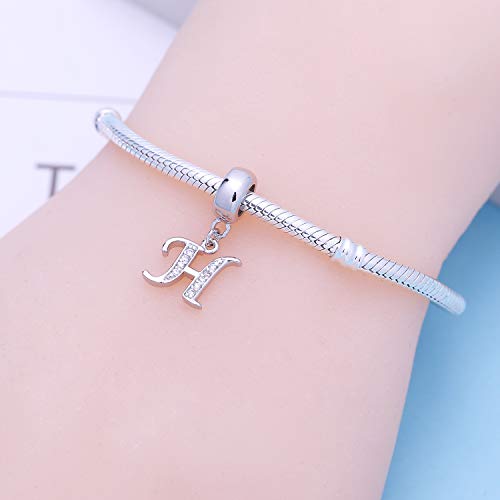 925 Sterling Silver Charms Alphabet Beads fit Pandora Charm Bracelets A-Z Letter Initial Spacer Dangle Clear CZ Stone Authentic for Snake Chain Bracelets - color: H