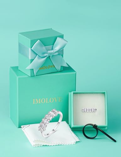 IMOLOVE Oval 6 Stone Moissanite Wedding Bands for Women Sterling Silver | 1.5 CT total, 6 D-color VVS1 oval moissanite; shared-prong wedding band in white gold plated 925 sterling silver.
