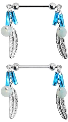 Nipple Shield Rings 316L Surgical Steel Turquoise Beads Feather Dan