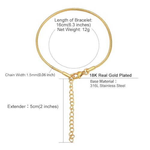 ChainsHouse Stainless Steel Herringbone Flat Chain Bracelets for Women,18K Gold/Rose Gold/Black Metal Paperclip/Snake/Cuban/Figaro Sterling Silver Link Charm Bracelet, 16+5cm Adjustable, With Gift Box - color: d. snake-gold