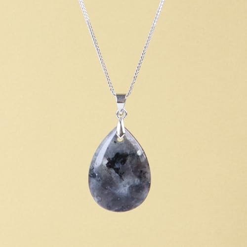 iSTONE 925 Sterling Silver Natural Crytral for Womens Pendant Necklace, Gemstone Birthstone with 17.8" Silver Chain Ladies - color: Black Spectrolite