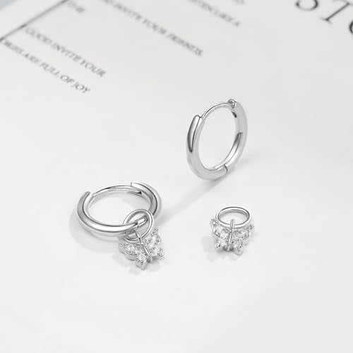 DAILY VIBES Cute Butterfly Star Cross Heart CZ Dangle Earrings for Women | 925 Sterling Silver Post, 14K Gold or Silver Plated, Mini Cubic Zirconia Dainty Drop, Cartilage Small Huggie Hoop Earrings - color: Silver Butterfly CZ