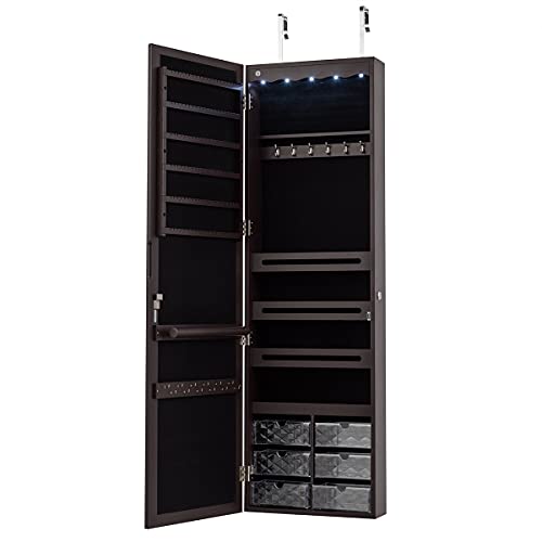 CHARMAID Jewelry Cabinet Armoire, Wall Mount Door Hanging, Lockable Jewelry Organizer with 47.5'' Full Length Mirror, 5 Lights, Large Jewelry Storage Box with 6 Acrylic Drawers (Brown)