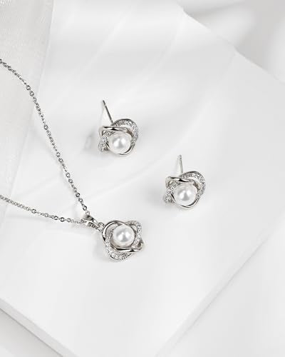 14K Gold Plated and Silver Pearl Jewelry Set for Women - Matching Pearl Necklace and Earring Set with Wrapped Design, June Birthstone Jewelry Set for Gift - color: Silver