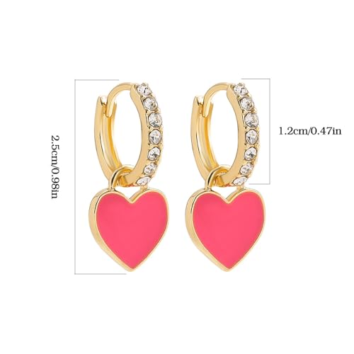 Preppy Love Heart Hoop Earrings for Women Teen Girls Gold Plated Cubic Zirconia CZ Charms Dangle Drop Huggie Small Hoops Cartilage Earring Fashion Colorful Y2K Jewelry Cute Gifts - color: Fuchsia